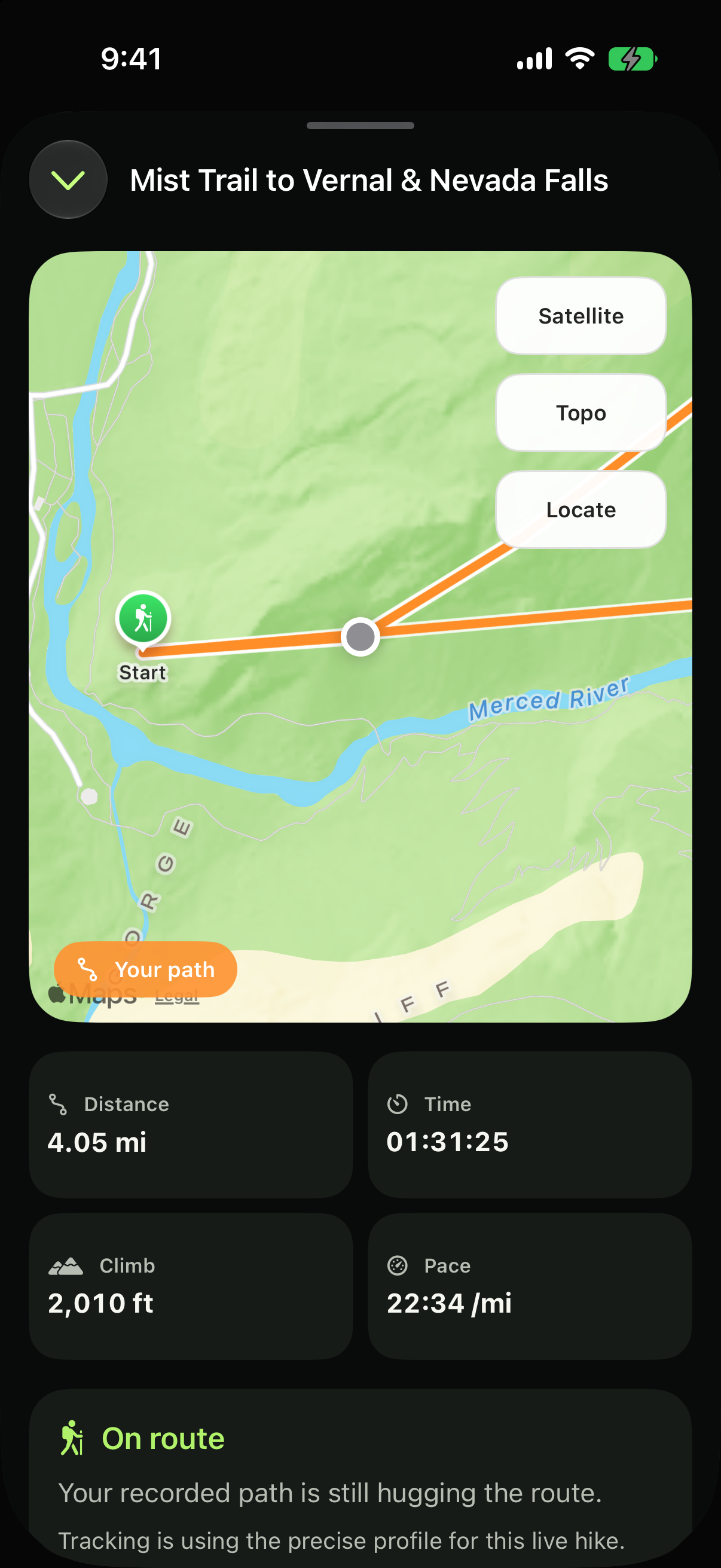 Hiking+ active Mist Trail hike with the live GPS marker directly on the route and current session metrics